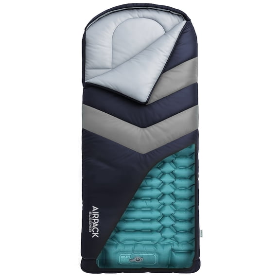 Kids Sleeping Bag with Built-in Pad (Fits Up to 4'6") All-in-One Inflatable Mattress Pad with Built-in Foot Pump - for Sleepovers, Camping and Travel (Blue/Gray)