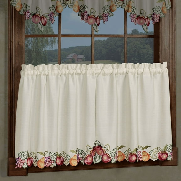Fruitful Embroidered Slubbed Oatmeal Window Tier Pair 60 x 24