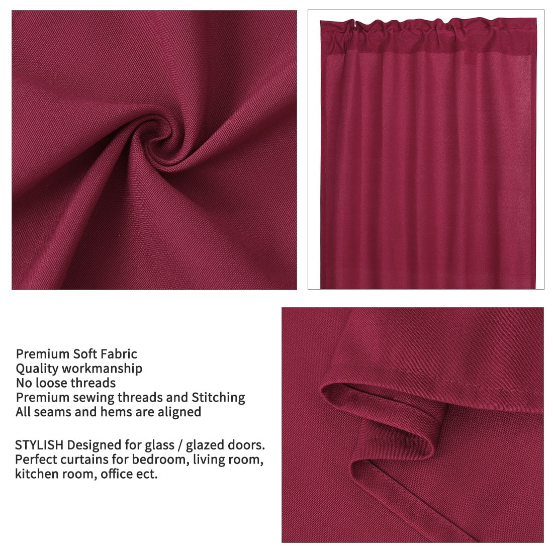 Unique Bargains 2-Pack Rod Pocket Door French Curtains Burgundy 25" x 72"