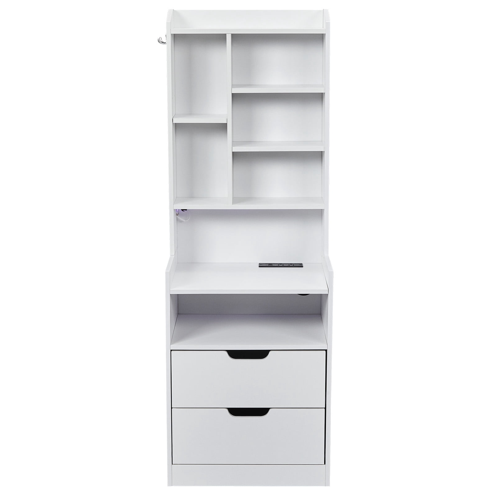 White Nightstand with Charging Station, 2 Drawers and 7 Shelves, 17.32 x 13.78 x 50 in