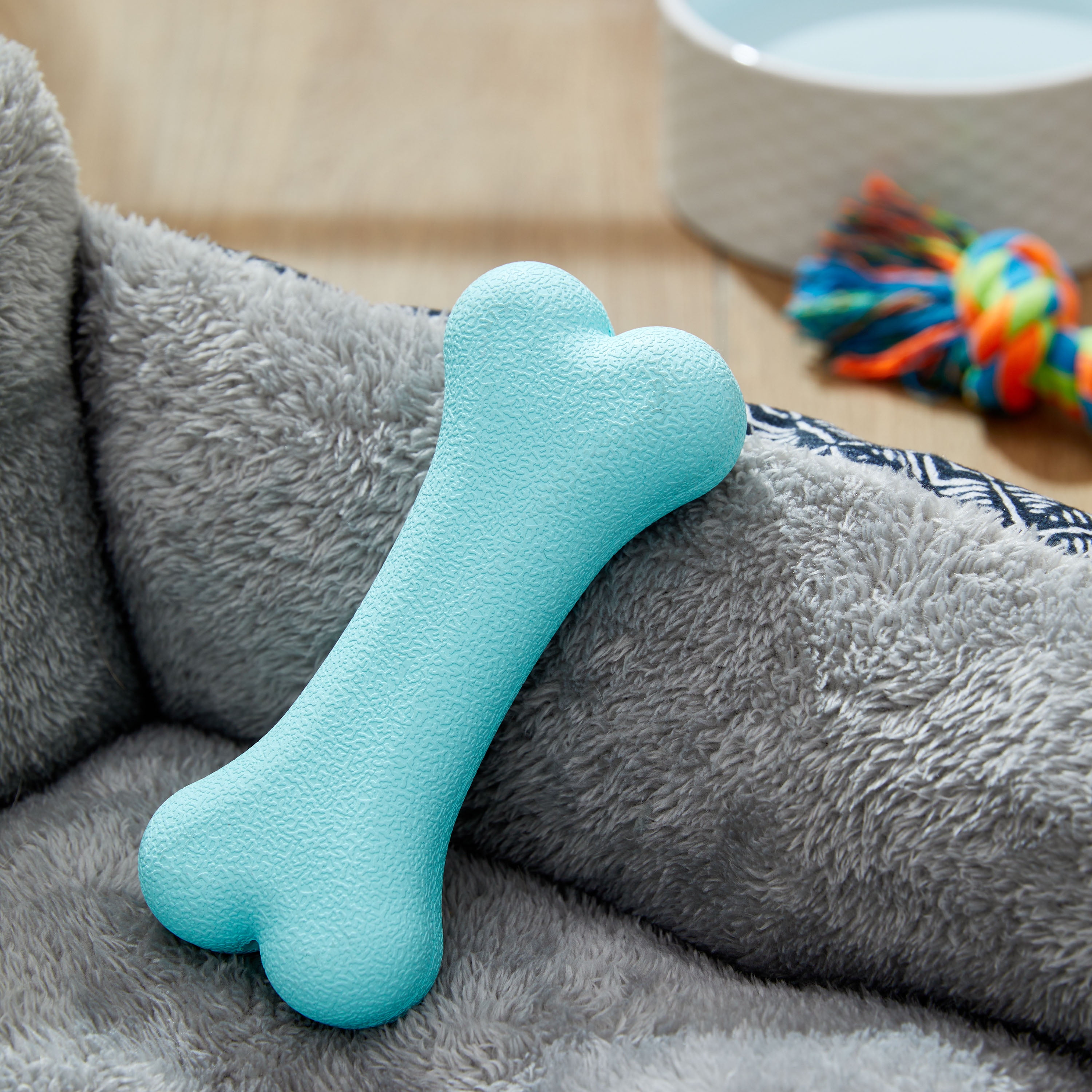 Vibrant Life Medium Blue Durable Rubber Dog Bone with Squeaker, Chew Level 3