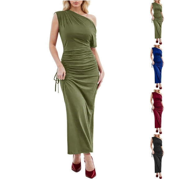 ZZwxWA Women's Sexy One Shoulder Bodycon Dress Sleeveless Ruched Drawstring Cocktail Party Dress Elegant Club Party Dresses
