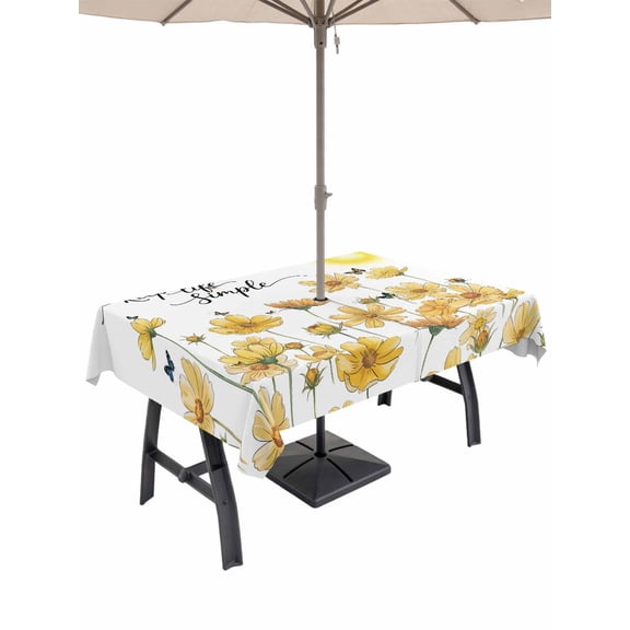 Outdoor Tablecloths with Umbrella Hole & Zipper, Yellow Flowers Rectangle Tablecloth 60x120 Inch, Elegant Spring Floral Butterflies Waterproof Table Cloth, Patio/Pool/Picnic Table Covers