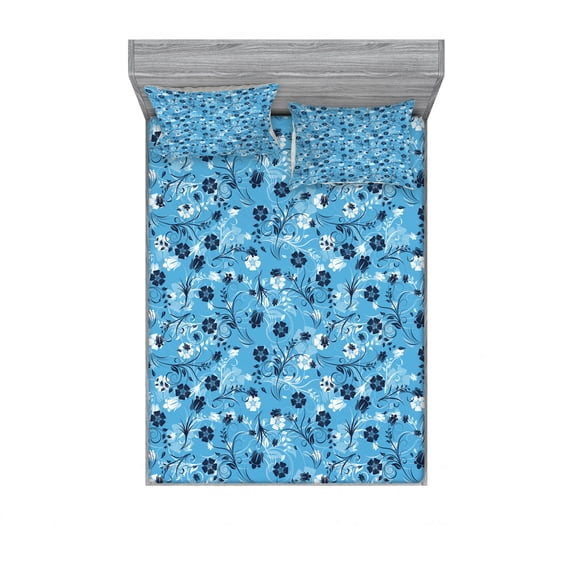 Floral Bedding Set with Sheet & Covers, Swirled Mix Flower Petals Background Shabby Form Style Classical Image, Printed Bedroom Decor 2 Shams, 4 Sizes, Dark Blue White, by Ambesonne