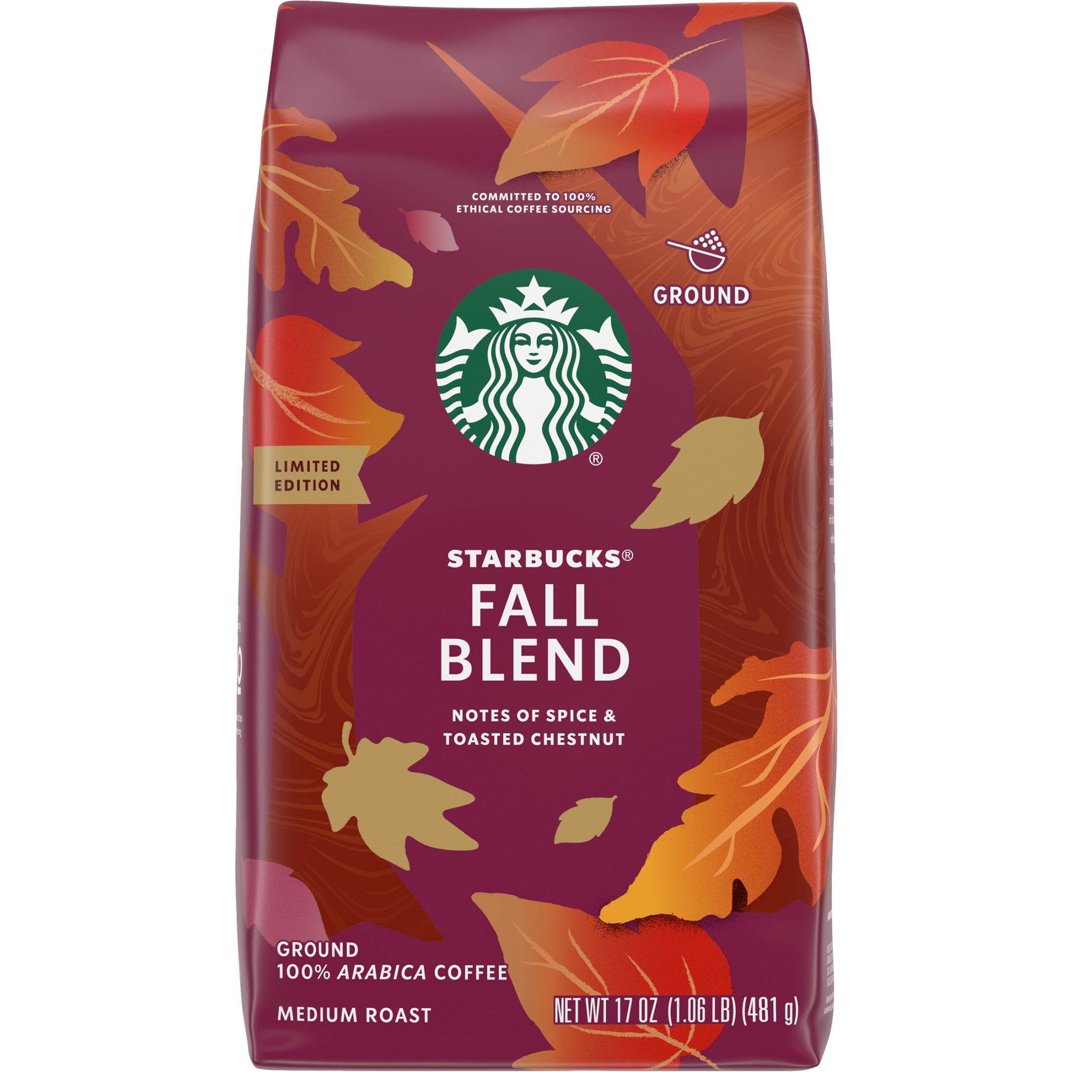 Starbucks Fall Blend Ground Coffee Medium Roast, Spice & Chestnut, Limited Edition Fall Flavors 17oz