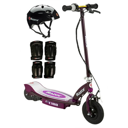 Razor E100 Motorized 24V Electric Scooter (Purple) w/ Helmet, Elbow & Knee (Best Knee Pads For Pedaling)
