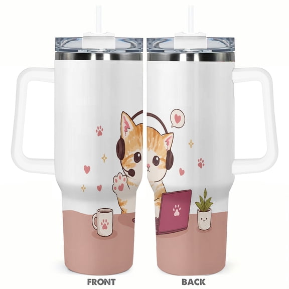 40oz Cute Cat with Headset Travel Tumbler Insulated Car Cup Kawaii Kitten Coffee Cup with Handle Gift for Cat Lovers Office and Travel