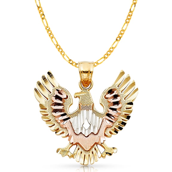 14K Tri Color Gold Eagle Charm Pendant with 3.1mm Figaro 3 1 Chain Necklace