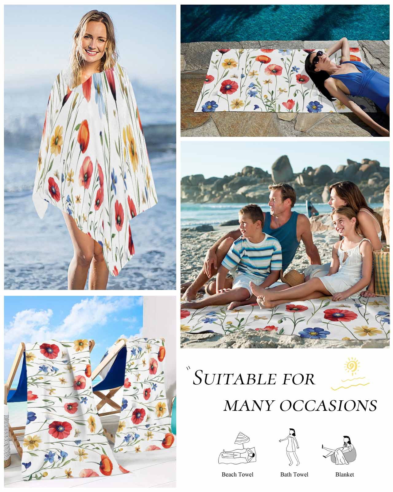 Pink Colorful Poppy Beach Towels Oversized Super Absorbent, Spring Pastoral Flowers Leaves Lightweight Bath Towel Quick Dry Sets For Bathroom/Pool/Rv Camping/Beach Play/Gym Room/Picnic 23"x47"