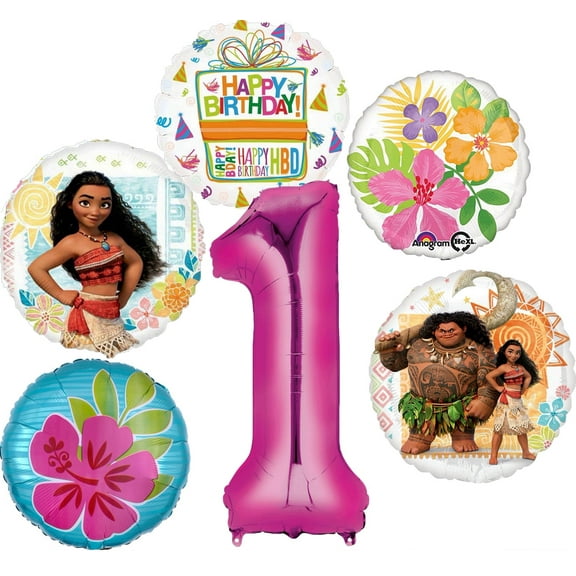 Moana Party Supplies 1st Birthday Balloon Bouquet Decorations - Pink Number 1
