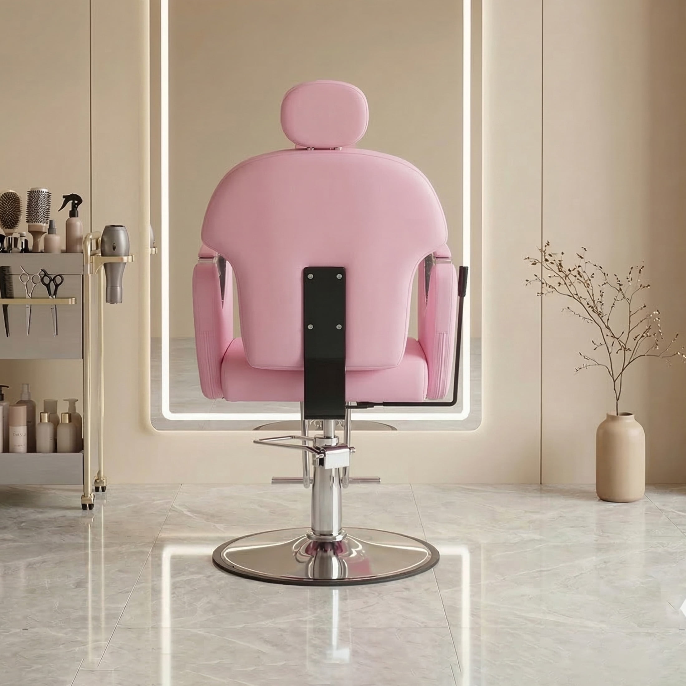 Noble House Hydraulic Barber Chair, Reclining Salon Styling Chair, PU Upholstery, Pink + Chrome