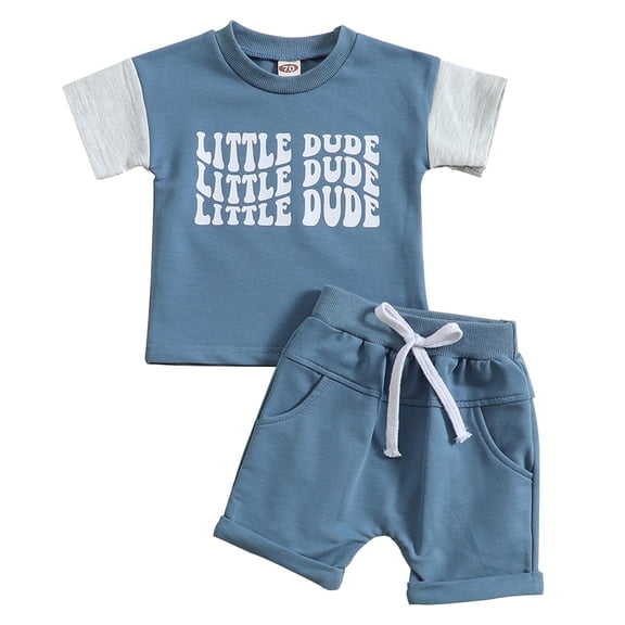 Xudanell Baby Crewneck Outfits Letter Print Colorblock Tee and Short Set Graphic Short Sets Blue 6-12 Months