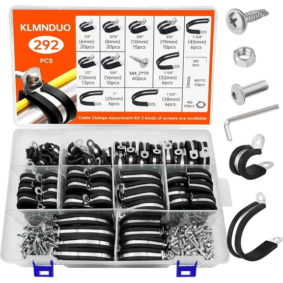292PCS Cable Clamps Assortment Kit, 10 Sizes-1/4 5/16" 3/8" 1/2" 5/8" 3/4" 1" 1-1/4" 1-1/2" 1-3/4" 304 Stainless Steel Pipe Clamp with 2 Kinds of Screws for Hose,Tube,Automotive,Fuel Line