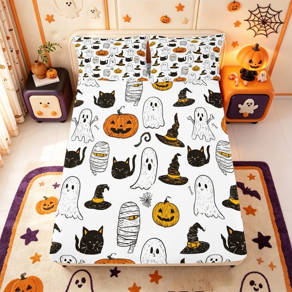 Manfei Spooky Pumpkin Lantern Fitted Sheet Full,Ghost Print Halloween Bed Set,3pcs,1 Fitted Sheet and 2 Pillowcases