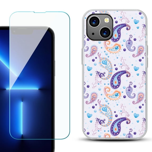 Slim-Fit Gel TPU Phone Case for iPhone 14, with Tempered Glass Screen Protector, by OneToughShield ® - Paisley Purple
