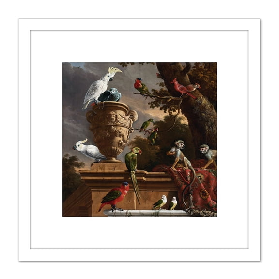 Hondecoeter Menagerie Exotic Birds Parrots Painting 8X8 Inch Square Wooden Framed Wall Art Print Picture with Mount