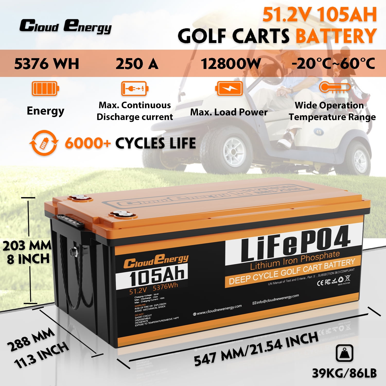 48V(51.2V) 105AH LiFePO4 Lithium Golf Cart Battery Built-in 250A BMS,3C Discharge,with 20A Charger,Mobile APP,Touch Monitor,6000+ Cycles,Perfect for Golf Carts (GFA48V-105AH with Charger)