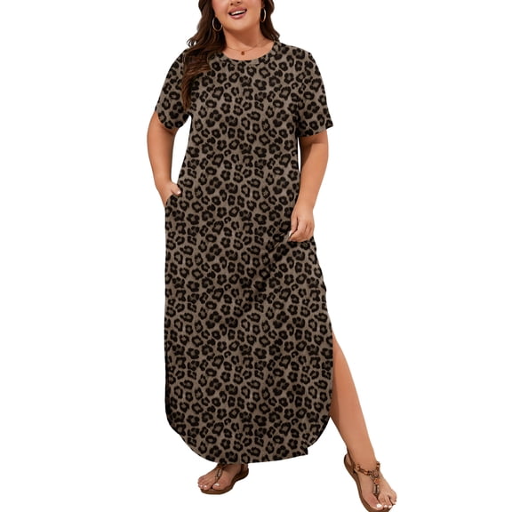 SHOWMALL Women's Plus Size Short Sleeve Maxi Dress, Classic Leopard Brown 3X Side Slit Rounded Hem Long T-Shirt Dress with Pockets for Vacation & Casual Wear