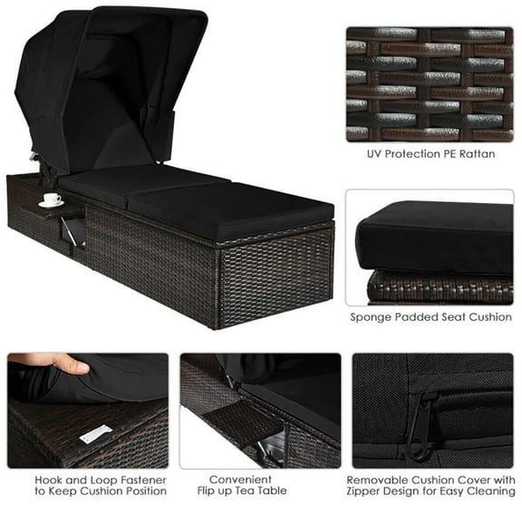 Spaco Patio Lounge Chair, Outdoor Adjustable Cushioned Chaise Lounge Chair with Folding Canopy, Black