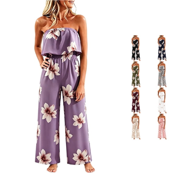 uvwlwu Women Floral Print Strapless Jumpsuit Ruffle Bandeau Tube Top Elastic High Waist Wide Leg Long Romper Sleeveless Casual Summer Beach Vacation Outfit,XXL
