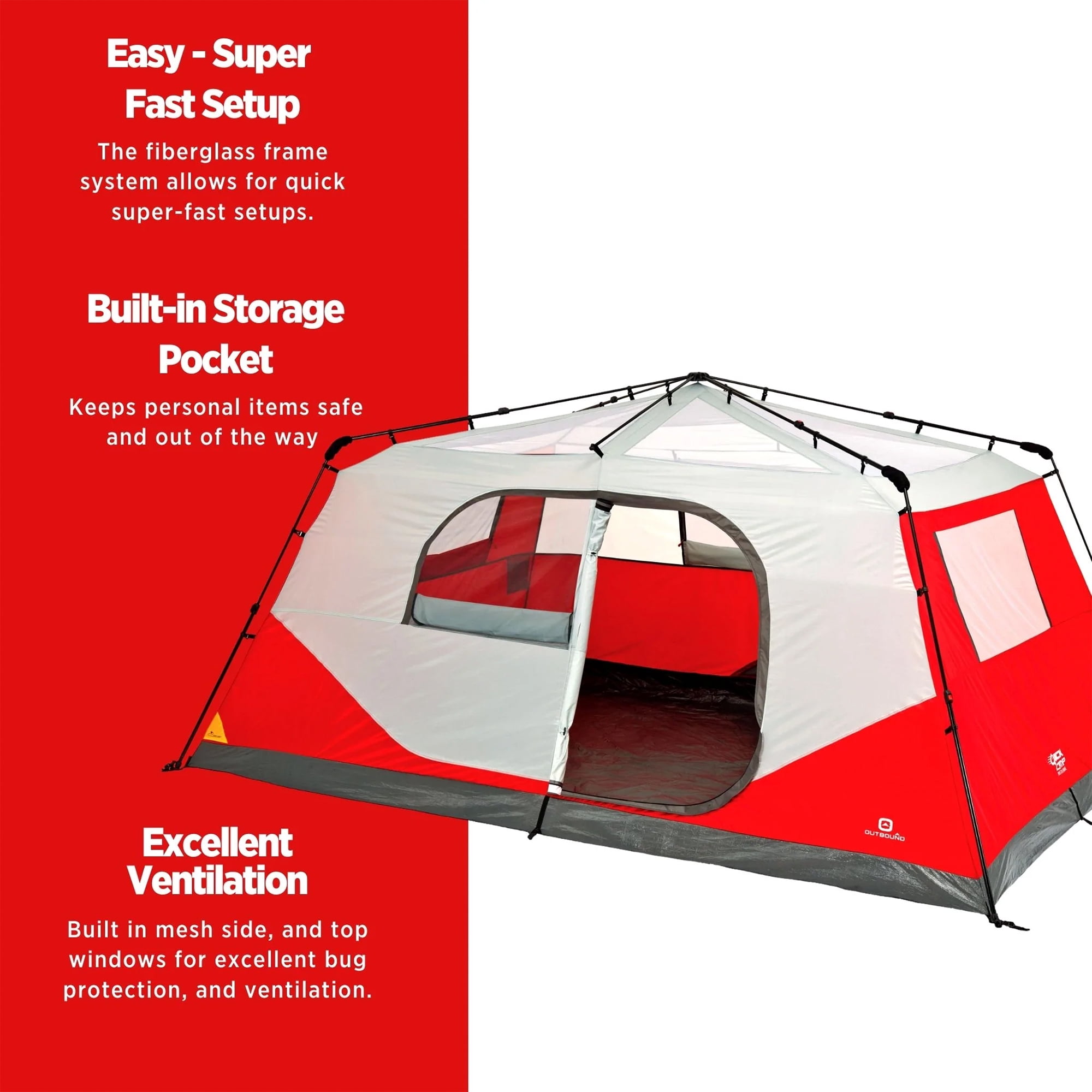 Outbound QuickCamp 10 Person Easy Up Cabin Tent with Rainfly and Carry Bag, Red