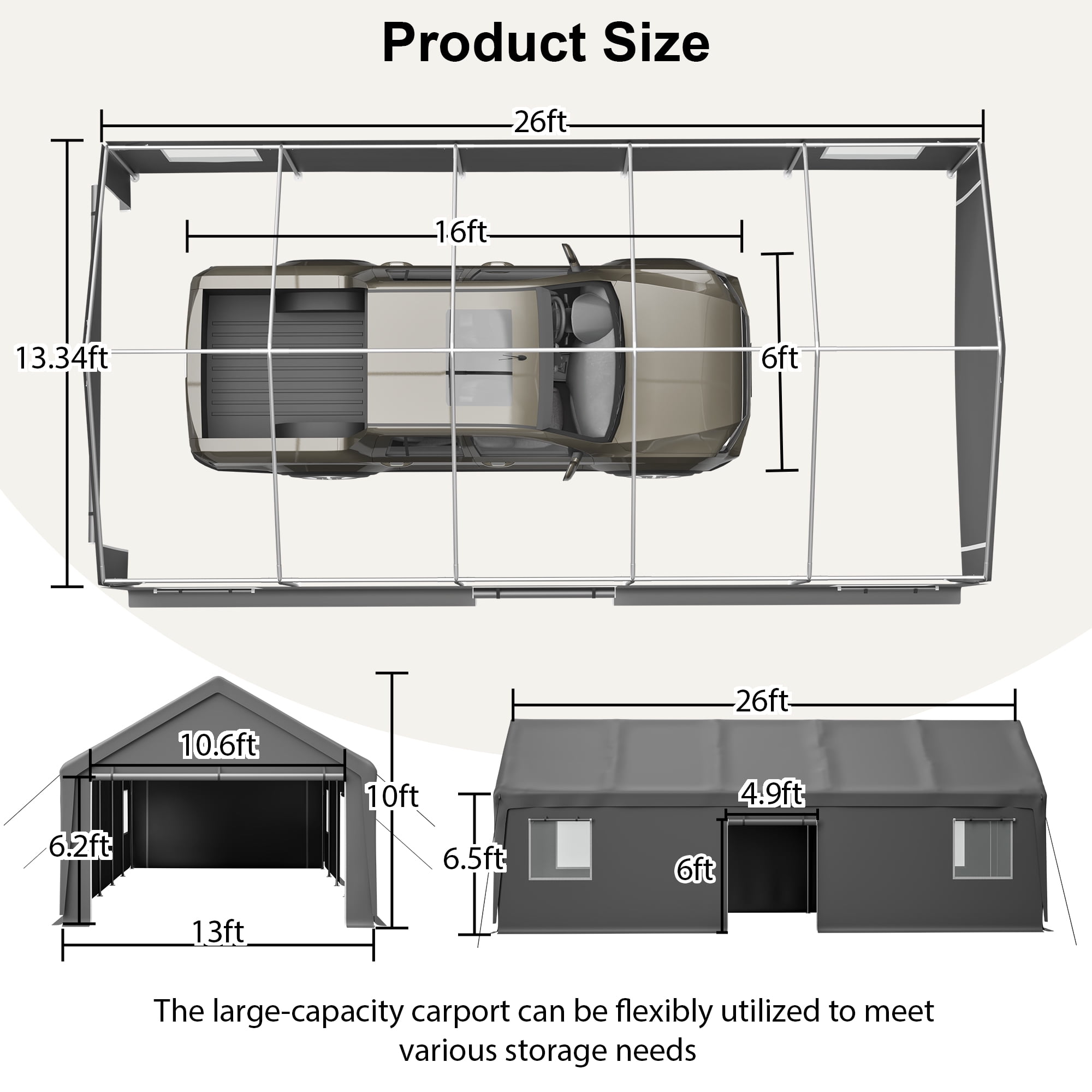 Carport 13' x 26' Heavy Duty Carport Canopy with 2 Roll-up Doors, Removable End Walls & Ventilated Windows, Galvanised Frame Portable Outdoor Garage, Car Canopy with All-Season Tarp