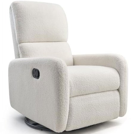 Merluxy Recliner Chair Swivel Rocking Chair, Nursery Glider with High Back for Living Room, Comfy Upholstered Modern Reclining Sofa, Teddy, White