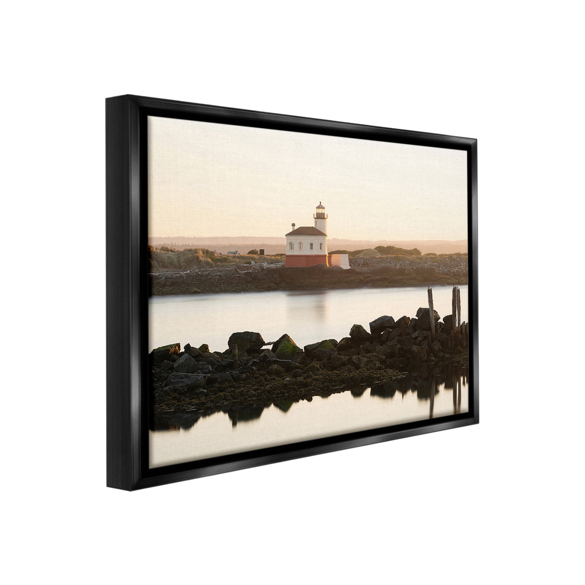 Stupell Industries Lighthouse with Soft Sunlight Landscape Photography Black Floater Framed Canvas Art Print Wall Art, 21 x 17