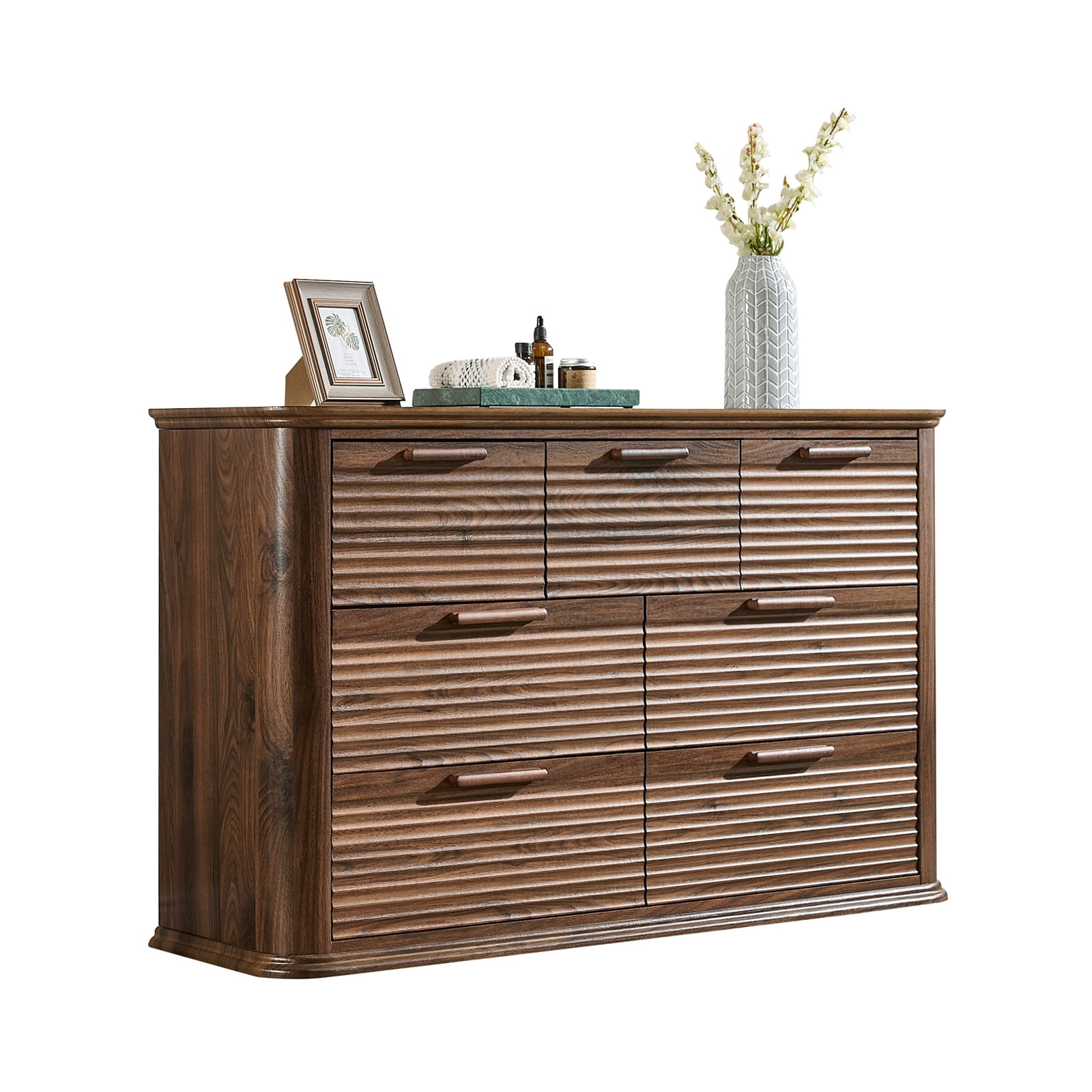 Hommoo Modern Wood Fluted 7 Drawer Dresser, 52" Wide Dresser Chest of Drawers with Curved Profile Design, Multifuctional Storage Organizer for Home, Walnut