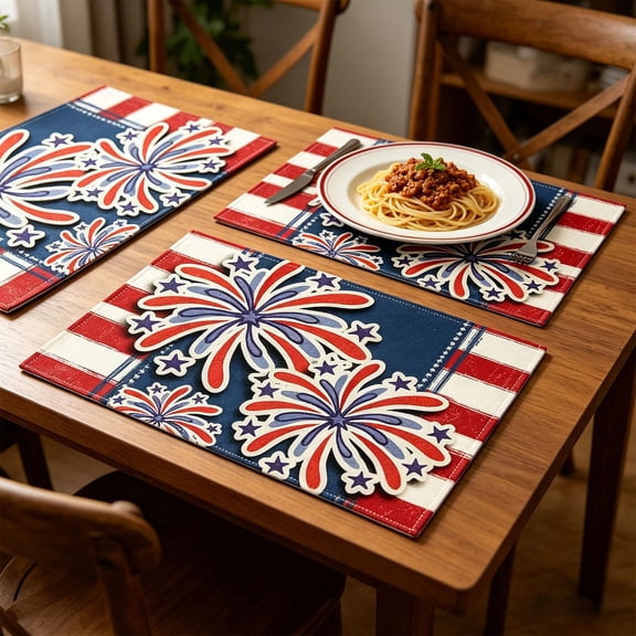 Beautynvta 4th of July Placemats, Stars Stripes Fireworks Patriotic Placemats, Heat-Resistant Memorial Day Table Mats for Home Kitchen Dining Table Decorations, 12x18 Inch