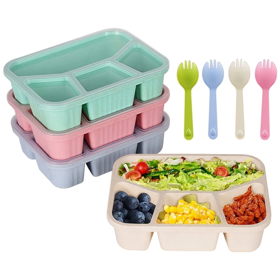 4 Pack Compartment Bento Lunch Boxes, Leakproof Food Prep Containers for Adults and Little Minds, Microwave Safe Meal Kits with Forks, Long-Lasting Portable Storage