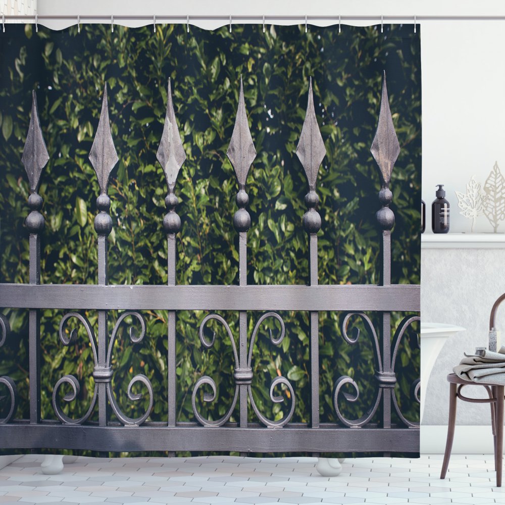 Fence Shower Curtain, Iron Gate with Leaves Garden Background of an