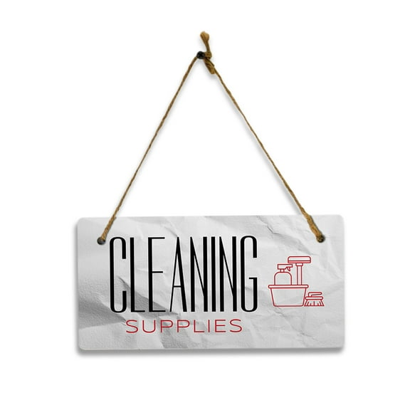 Cleaning Supplies (Crumpled Paper) 5x10 Hanging Plus Wall or Door Sign | Rustic Twine | Range of Vibrant Decor Styles | Room Signs For Home and Business