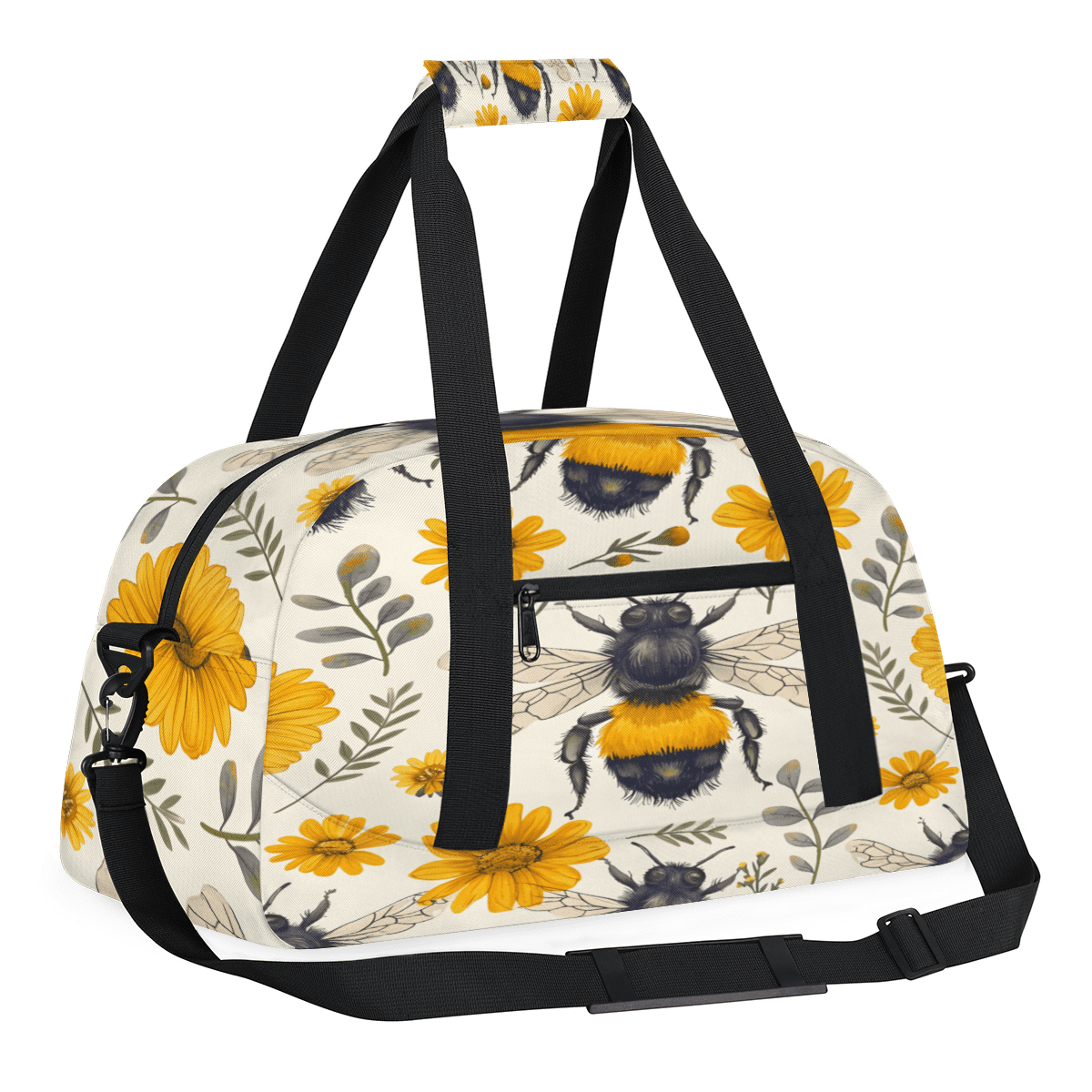 Herdesigns Cute Bee Sports Duffle Bag for Women & Men, Floral Bee Gym Bag Dance Bag Overnight Bag Carry On Weekender Travel Bag