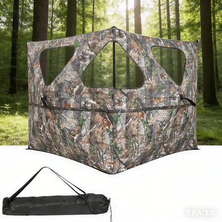 Hunting Blind See Through Pop Up Ground Blind Camouflage 58 Inch Panels 5.5 Lbs Portable Deer Turkey Hunting 3 Windows Shoot Through Ports Waterproof Lightweight Fiberglass Frames Carry Bag Stakes