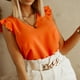thumbnail image 3 of Mujer Volantes Manga Casquillo Top Casual Elegante Color Liso Camisa Con Cuello En V Blusa Para Oficina Trabajo Citas Naranja L, 3 of 7