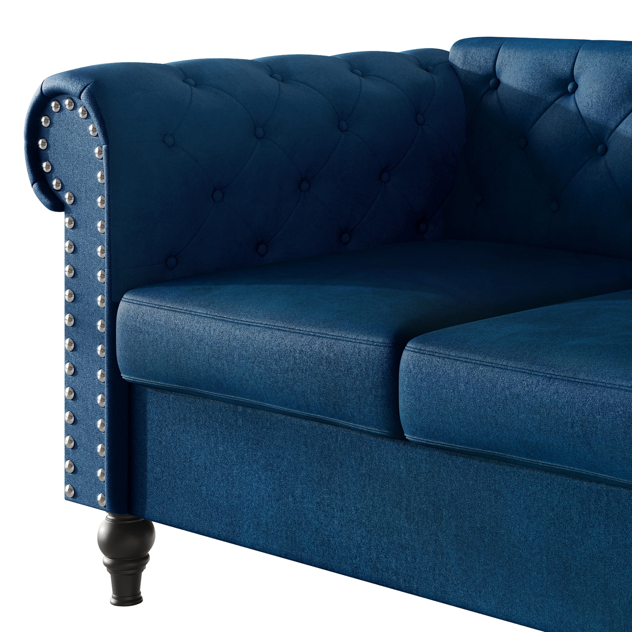 Home Design Kelso Velvet Rolled Arm Loveseat with Deep Button Tufting, Nailhead Trim and Turned Legs, Blue