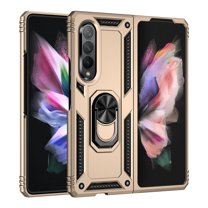 Dteck for Samsung Galaxy Z Fold 3 Case with Built in Metal Plate on Back Stand Ring [Kickstand Feature] Magnet Leather Phone Cover for Men 2021 (Gold)