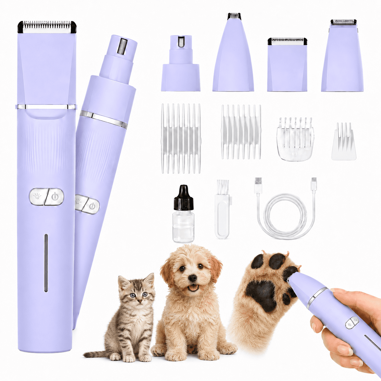 Dog Grooming Kit, 4-in-1 Paw Trimmer & Nail Grinder with Low Noise 7500RPM Cordless Pet Shaver, 4 Guide Combs, IPX7 Waterproof