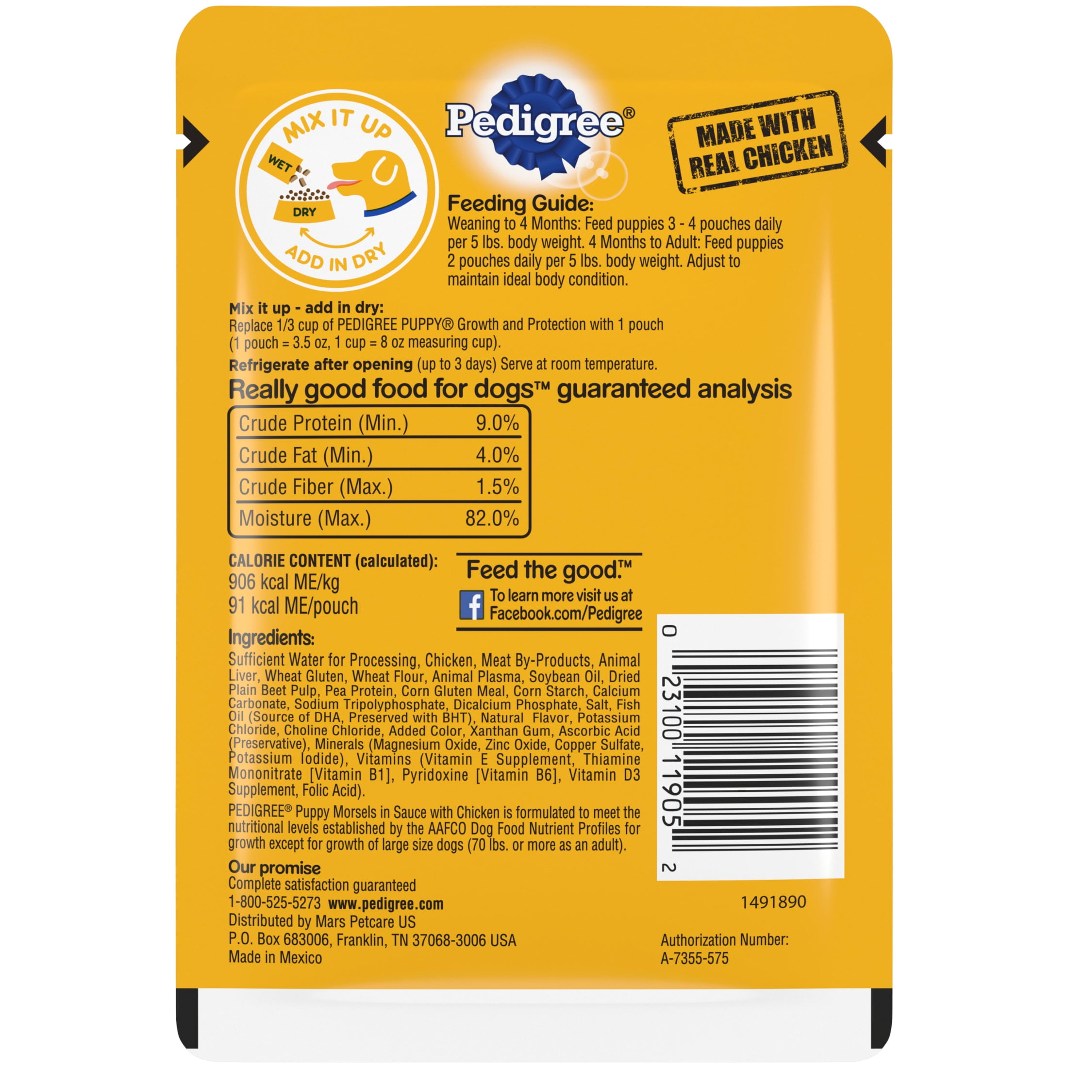 (6 pack) Pedigree Puppy Food Morsels in Sauce, Wet Dog Food, Chicken Flavor, 3.5 oz. Pouches