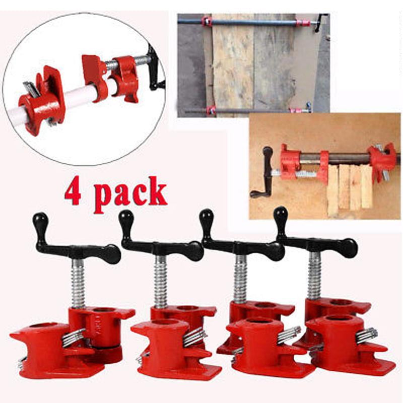 Wood Gluing Pipe Clamp Quick Release Wide Base Iron Wood Metal Clamp Set for Woodworking Workbench 4 Sets 1 Inch Heavy Duty Woodworking Vice 