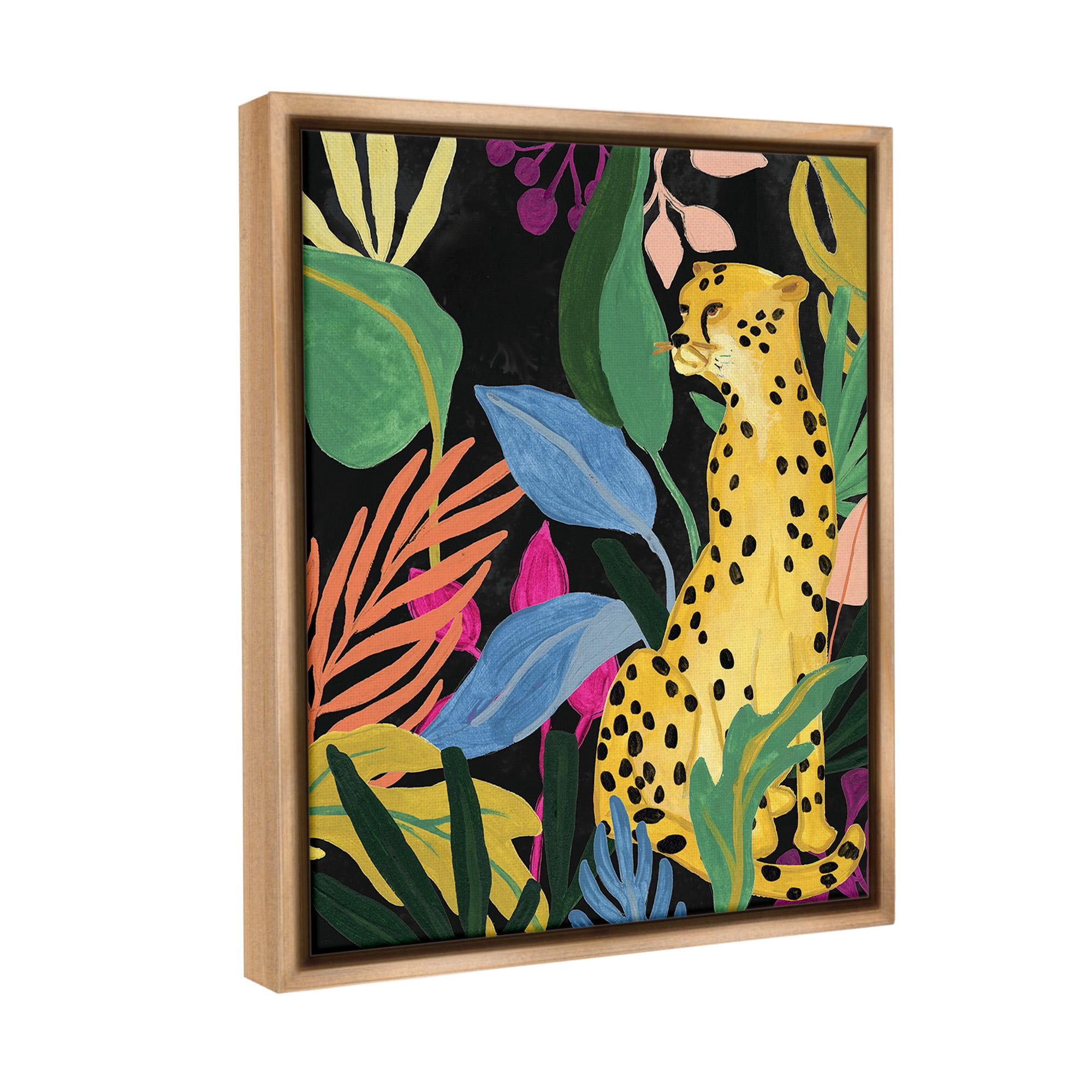 Stupell Industries Leopard Among Plant Leaves Animals & Insects Painting Brown Floater Framed Canvas Art Print Wall Art, 17 x 21