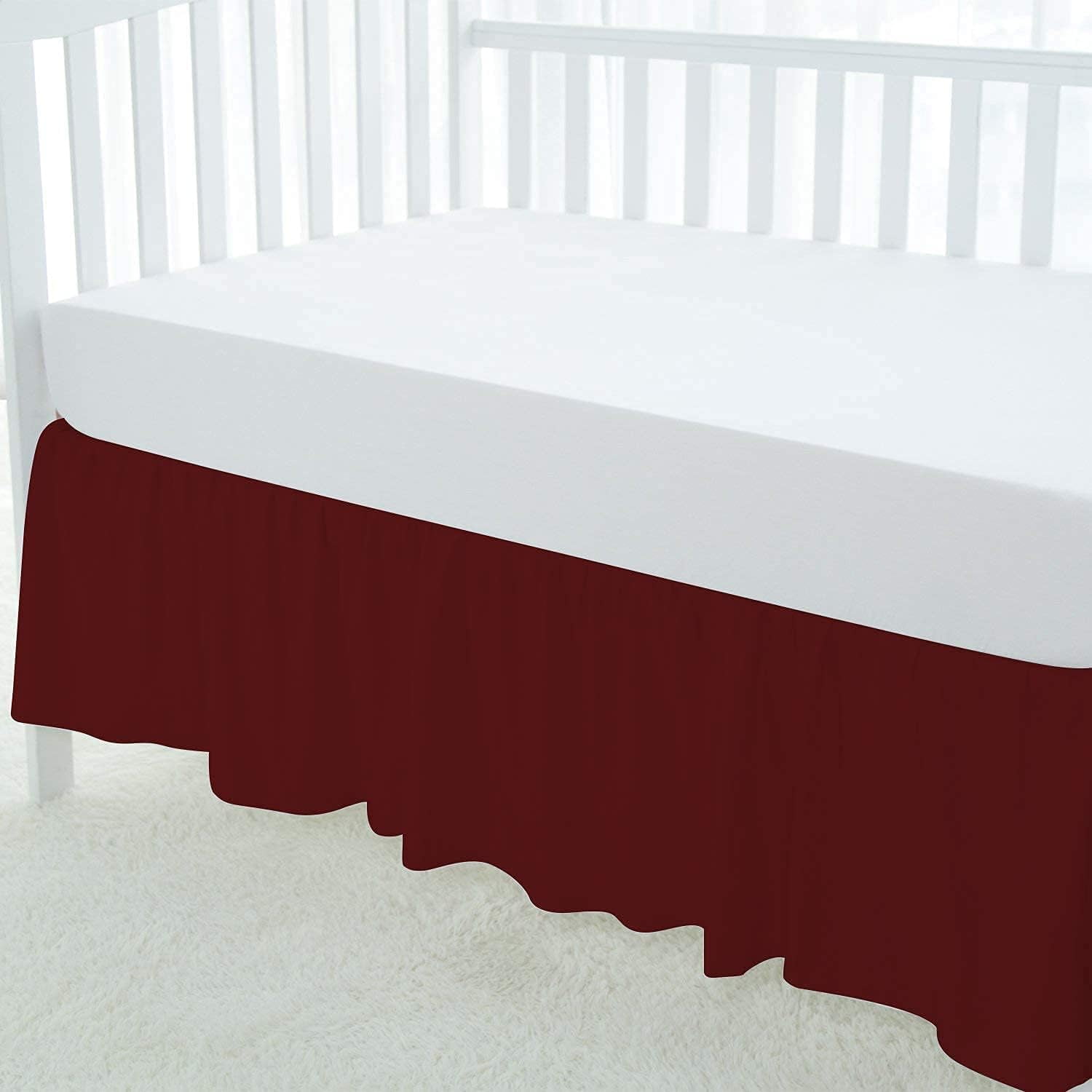 Crib Bed Skirt Dust Ruffle Nursery Crib Toddler Bedding Microfiber Fabric Ruffle Bed Skirt for Baby Boys or Girls (28” x 52” x 14’’) - Burgundy Solid