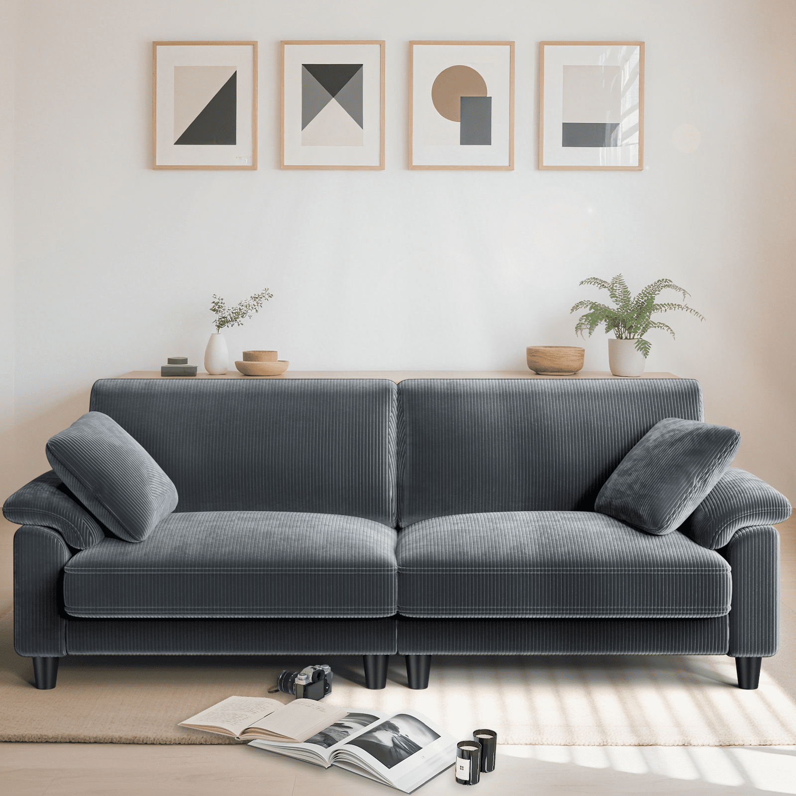 Patbrela 83" Corduroy Sofa, Loveseat Sofa with Extra Deep Seat Couches, Comfy Upholstered Couch for Living Room, No Assembly with 2 Pillows, Gray