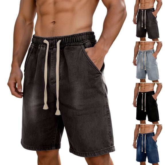 Zylanna Men's Denim Shorts, Elastic Drawstring Waist Loose Fit Baggy Vintage Washed Jeans Shorts Casual Summer Jorts for Men Dark Gray