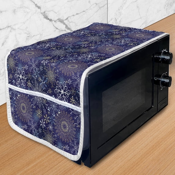 Dark Blue Microwave Oven Cover, Christmas Inspired Pattern with Ornate Curly Snowflakes Mandala Style, Water Resistant Organizer with Pockets for Kitchen, 36" x 12", Multicolor, by Ambesonne