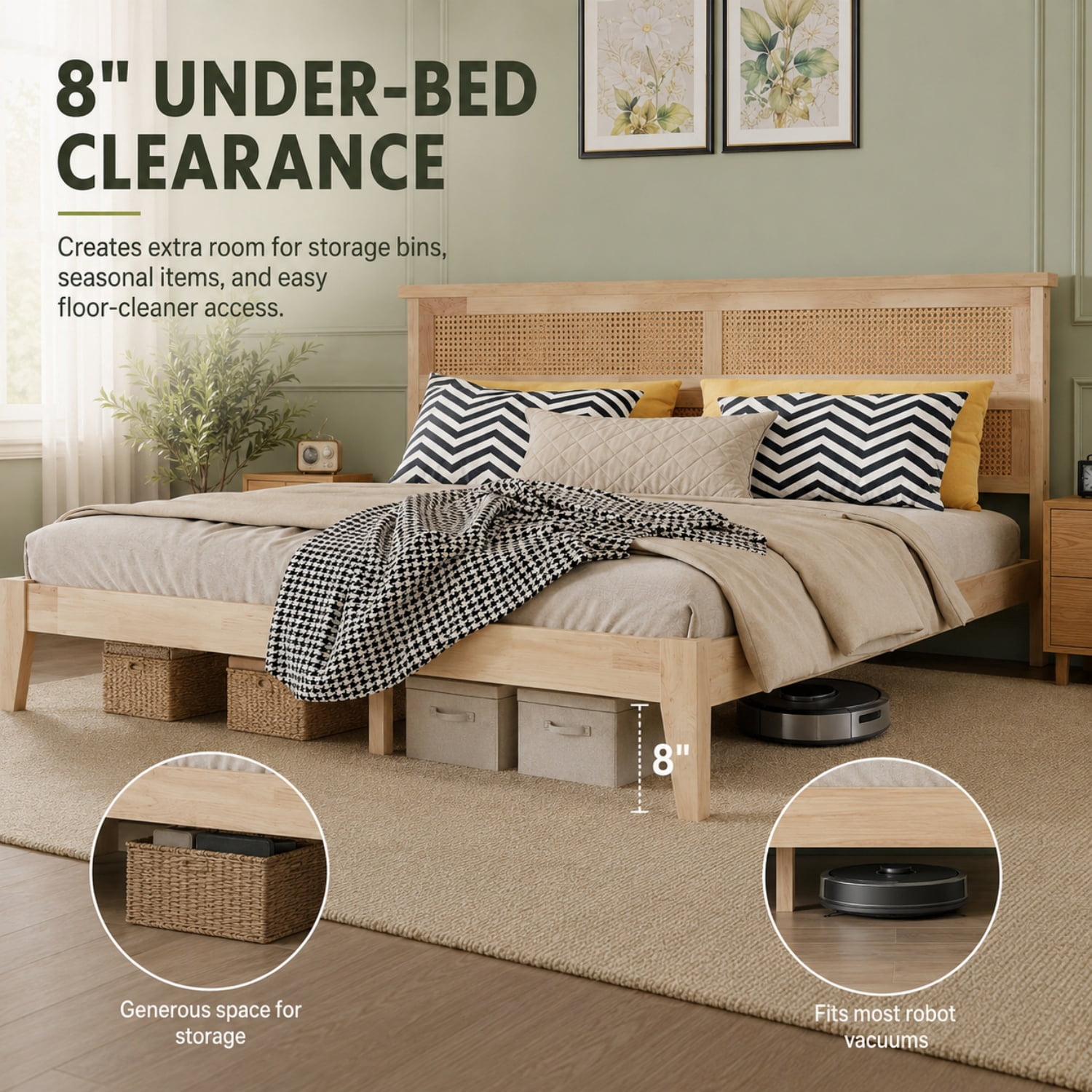 Miniyam King Size Rubber Wood Bed Frame with Rattan-Style Woven Headboard, Natural