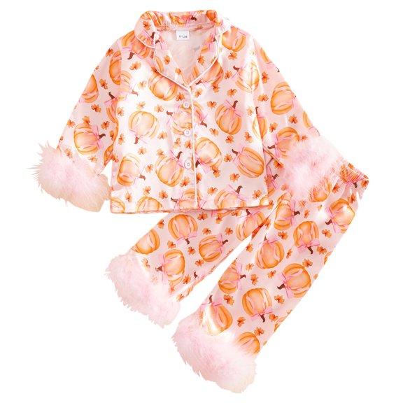 GCETTIC Toddler Girl Halloween Pajamas Pumpkin Silk Satin Sleepwear Little Girls Bow Pjs Baby 2Pcs Halloween Pajama Set 12-18 Months