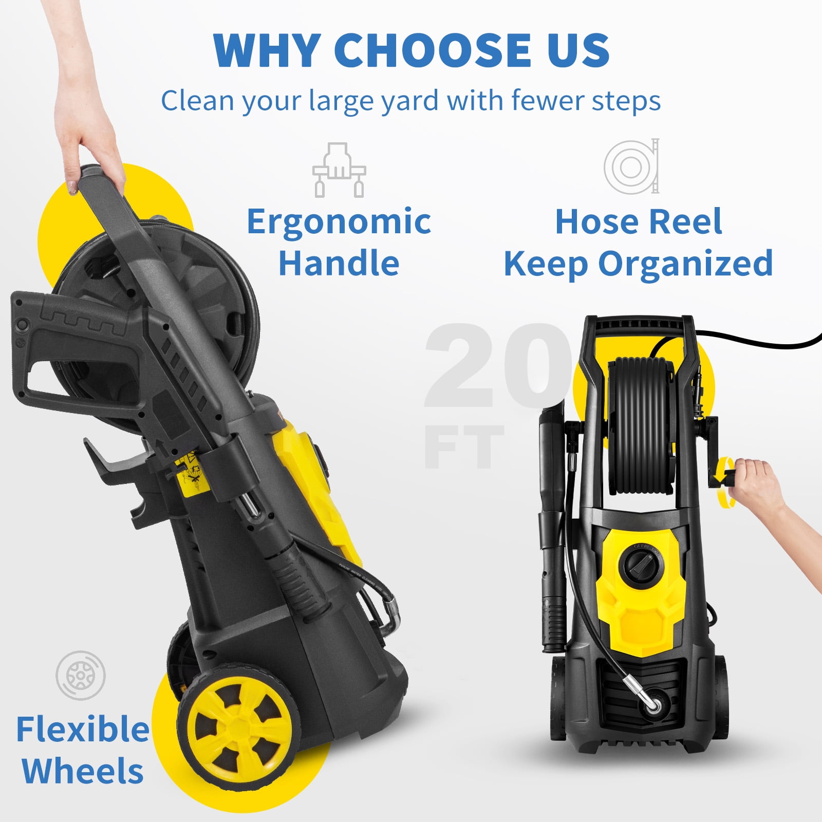 KFFKFF Electric Pressure Washer, 2000 PSI, 1.65 GPM Max Flow with 20 ft Hose & Reel, 4 Nozzles, Foam Cannon, Portable for Cleaning Patios, Cars, Fences, Driveways, ETL Certified