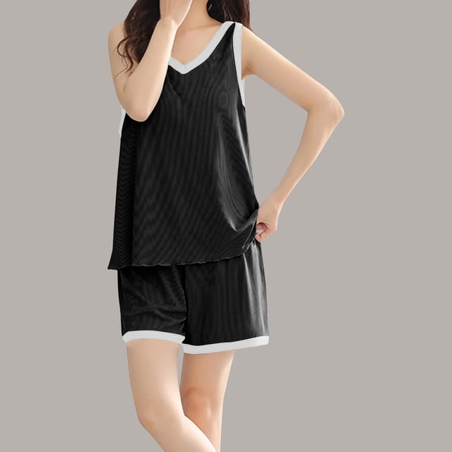 Clearance & Promo,Women's Plus Size Home Suit Set, Chest Cushion, Short Sleeves, Solid Color, Comfortable, Plus Size, Home Relaxation Comfortable for All-Day Wear|100%Polyester,Black